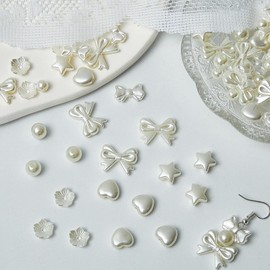 UNAZOVER 450 Pieces ABS White Beads, Heart Star Tie Flowers Round Beads for Threading, Pearl Beads for Bracelets, DIY Jewellery Making, Decorative Crafts, Necklaces