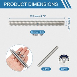 PATIKIL 4 Pcs Fully Threaded Rod, M8 x 120mm 304 Stainless Steel Right Hand Long Thread Bar Studs with Nuts for Pipes Clamps Hangers U-Bolts
