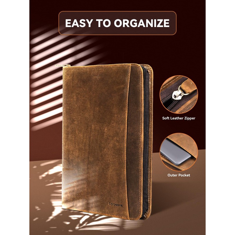 Carpetene Genuine Leather Portfolio, Professional Padfolio Binder Organizer with Zipper,