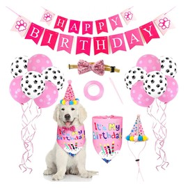 Dog Birthday Bandana Hat Banner Set, Dog Birthday Decoration, Dog Hat Dog Bandana Scarf Shiny Dog Bow Tie Collar for Boys and Girls, Party Accessories (Pink)