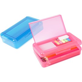 DANRONG Plastic Pencil Box 2 Pack, Large Capacity Pencil Case, Pencil Boxes Double Layer for Kids Adults, Hard Crayon Box Storage with Snap-Tight Lid for School Office Supplies (Pink & Blue)