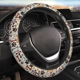 Paw Prints Steering Wheel Cover for Women Men, 15 Inches Brown Dog Cat Paw Neoprene Anti-Slip Cute Universal Car Steering Wheel Grip Wrap Car Accessories Protective Case Cover for Vehicle Truck SUV