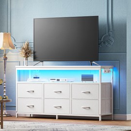 Huuger Huuger LED TV Stand for Bedroom, 47 Inch Fabric Dresser with Power Outlets, Entertainment Center for 55, 50, 43 Inch TV, 6 Drawer Dresser for Bedroom, Chest of Drawers with Shlef, PU Leather, White