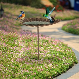 Bird Bath - Metal Birdbath Standing for Outside | Patio Yard Balcony Decoration Cast Iron Feeder Leaf-Shaped Water Bowl for Parrot, Parakeet