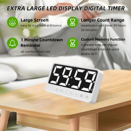 Extra-Large Display Digital Kitchen Timer with 7.4” LED Screen, 6 Alarms and 4 Volume Levels, 3 Memory Presets, Magnetic Stand Rechargeable Count Down/Up Timer for Cooking Classroom Home Gym, White
