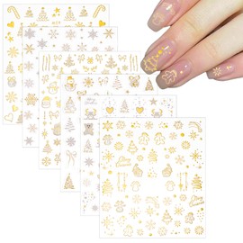 NICENEEDED 6 Sheets Christmas Nail Stickers, Gold Xmas Nail Art Decals 5D Embossed Nail Design Christmas Tree Snowman Nail Art Stickers, Self Adhesive Nail Supplies Winter Nail Decorations for Women