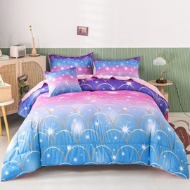 RYNGHIPY 6Pcs Teal Pink Sparkle Mermaid Comforter Sets Full Size, 3D Rainbow Glitter Girls Bedding Sets, Ombre Pastel Fish Scale Bedding Collection Sets