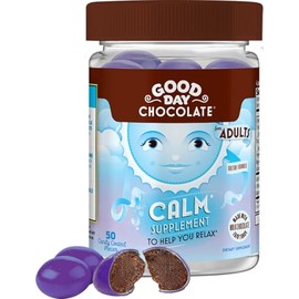 Good Day Chocolate Natural Calming Supplement for Adults, Blend of Camomile, Theanine, Magnesium, Fair Trade and Non-GMO Chocolate, 50 Pieces