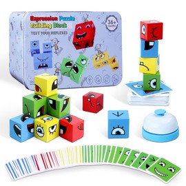Fun Wooden Face Change Cubes Puzzle - Educational Montessori Toy Set for 3+ - 16 Blocks, 64 Cards & Bell - Family Games