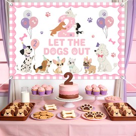 Two Let The Dogs Out Backdrop for Girl 2nd Birthday Party, Pink Brown Puppy Theme Dog Birthday Decoration Banner 4.92 * 3.28ft Background for Indoor Outdoor Decor