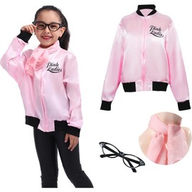 Leadtex 1950s Girls Party Pink Ladies Jacket Grease Costume with Chiffon Pink Neck Scarfs and Black Cat Eye Glasses princess  peach  poofy  dress  ash - Color: Pink, Size: 6-8