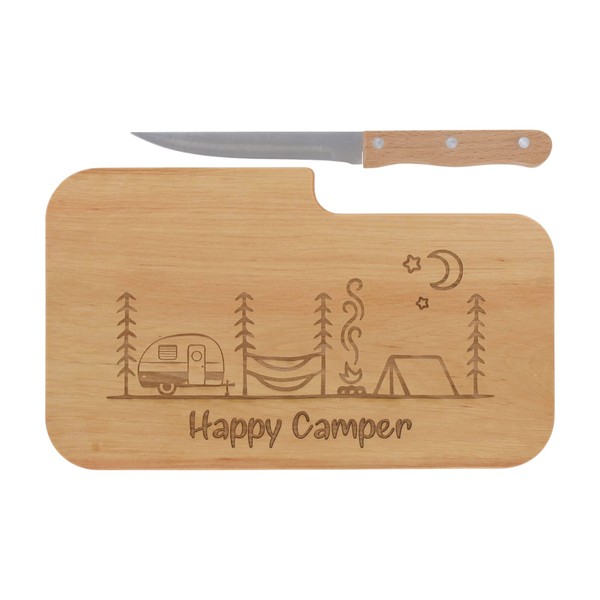 ASERHELD, tagliere per il pane in legno con incisione "Happy Camper" e coltello, 26 x 15 cm, tagliere per la colazione, tagliere in legno, tagliere per merenda | regalo per camper e campeggio