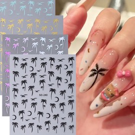 4 Sheets Coconut Tree Nail Art Stickers 3D Self-Adhesive Summer Nail Decal Gold Black Blue and Laser Silver Gradient Design Seagulls Nail Stickers Nail Decoration Nail Art Supplies for Women