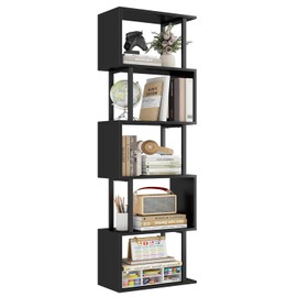 Gadroad 5-Tier Bookshelf, Tall S-Shaped Geometric Bookcase, Wood and Metal Decorative Storage Shelving, Modern Freestanding Display Shelves, Book Shelf Unit for Living Room Bedroom Home Office, Black