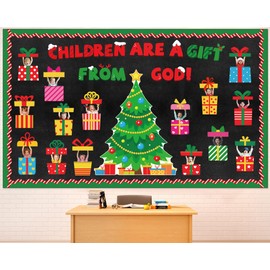 70 Pcs Christmas Bulletin Board Decoration Set Xmas Gift Boxes Cutouts DIY Photo Craft Christmas Classroom Decorations Christmas Tree Bulletin Board for Holiday School Chalkboard Wall Door Decorations