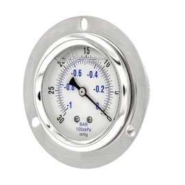 PIC Gauge PRO-204L-254A Glycerin Filled Industrial Front Flanged Panel Mount Pressure Gauge with Stainless Steel Case, Brass Internals, Plastic Lens, 2-1/2" Dial, 1/4" Male NPT, 30"/0 hg Vac psi
