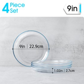 NUTRIUPS 4 Pack 9in Glass Dinner Plates - with Lipped Edge - Clear Tempered Glass Plates, Glass Serving Dinnerware for Pasta, Salad, Dishwasher & Microwave Safe