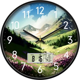SCOAGE Digital Large Display Silent Wall Clock with Temperature Date Mountain Flowers Modern Non-ticking Battery Operated Mount Clocks Bathroom Kitchen Clock Farmhouse Living Room Office Decor 14 Inch