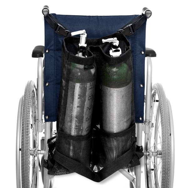 AdirMed Dual Oxygen Tank Holder for Wheelchair - Oxygen Storage Bag with Mesh Storage Pocket Fits Portable Cylinder Oxygen Tank D & E for Medical Use, Home, Hospital