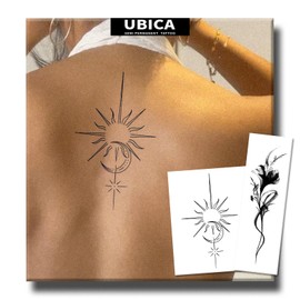Semi Permanent Tattoo, Sun Moon Star & Ink Floral Line Design, Large