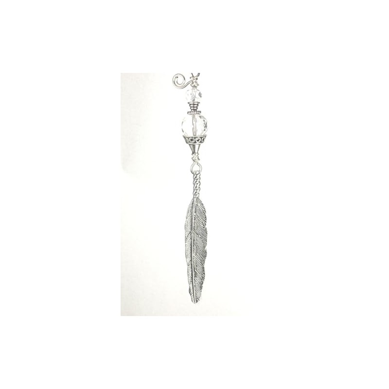 Long, Detailed Silvery Feather with Reflective Faceted Crystal Clear Glass