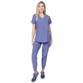 Womens Scrub Set Mock Wrap & Jogger Pants 7 Pocket 4-Way Stretch for Nurse Dentist Elements Select ES2956 (Ceil, X-Large)