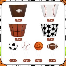 Hooqict 48 Pack Sports Cupcake Toppers and Wrappers Football Basketball Baseball Soccer Cupcake Topper Decorations Cupcake Picks for Boys Sports Theme Birthday Party Decorations