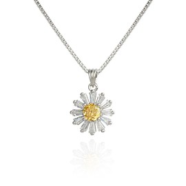 Kakikaki 925 Sterling Silver Sparkly Cute Daisy Flower Pendant Necklace for Women