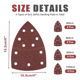 20Pcs Sanding Pads, 4 Types of Grit, Mouse Sanding Sheets Triangular with Hook and Loop, 4-Sheets Assorted 40/60/80/120 Grit Mouse Sander Pads,11 Holes Mouse Sanding Pads