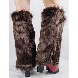 ELLITE Womens Faux Fur Warm Fuzzy White Black Coffee Rainbow Leg Warmers/Boot Sleeves/Boot Covers- Coffee