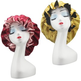 Satin Sleep Cap, Adjustable Satin Cap, Silk Bonnet, Reusable Bath Hair Cap for Night Sleeping Reversible Double Layer 2 Pack (Golden + Burgundy)