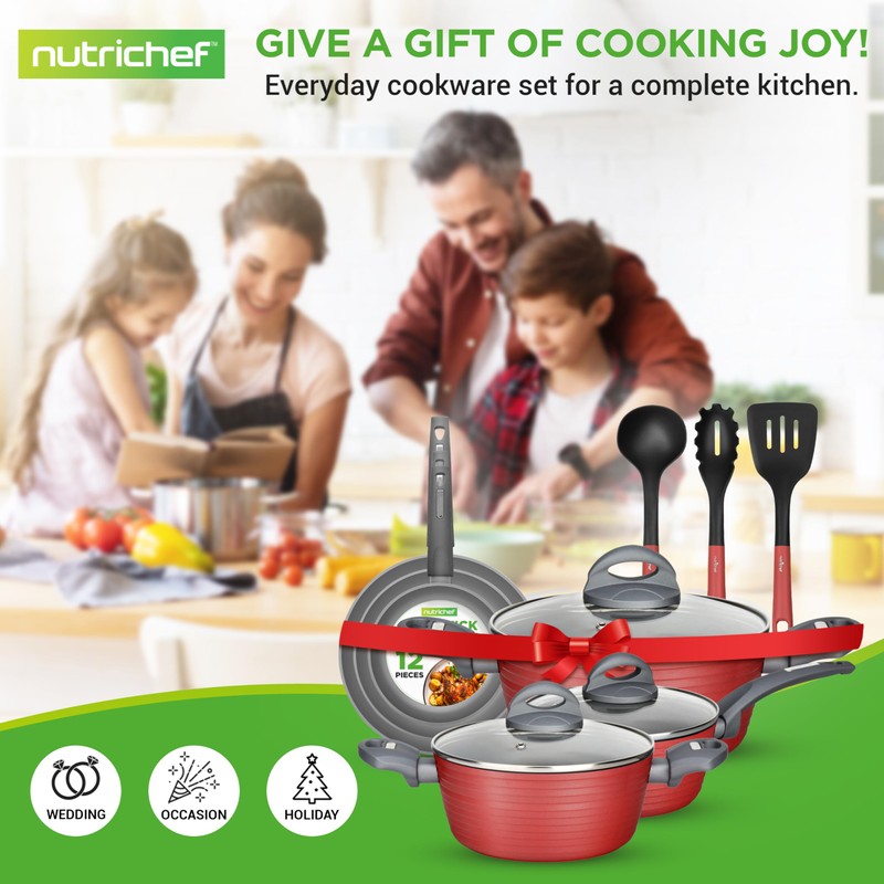 NutriChef 12-Piece Hard Anodized Nonstick Cookware Set - Induction Ready