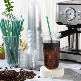 Baderke 25 Set Plastic Cups with Lids and Straws, Disposable Plastic Iced Coffee Cup for Cold Beverage Juice Smoothie Crystal for Coffee Shops Party Catering(Clear,20 oz)