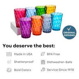 US Acrylic Optix Mini Plastic Reusable Drinking Glasses (Set of 8) 8oz Juice Cups in Jewel Tone Colors | BPA-Free Tumblers, Made in USA | Top-Rack Dishwasher Safe