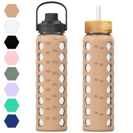 MUKOKO 32oz Glass Water Bottles with 2 Lids-Handle Spout Lid&Bamboo Straw Lid, Motivational Water Tumbler with Time Marker Reminder and Silicone Sleeve, Leakproof-Amber-1 Pack