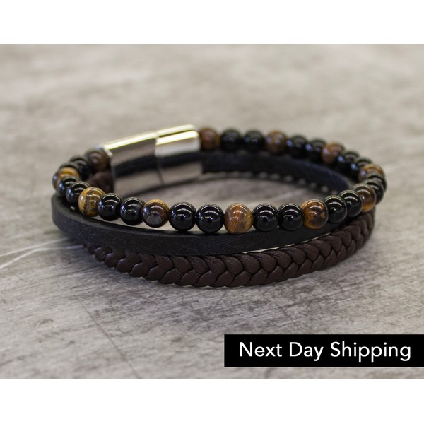 Men's Tiger Eye Obsidian Beaded Bracelet • Beaded Tiger's Eye Leather Bracelet • Mens Leather Obsidian Bracelet • Handmade Gift for Him 1011
