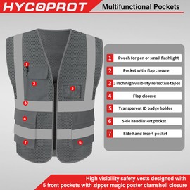 HYCOPROT Chaleco reflectante de seguridad de malla de alta visibilidad con bolsillos y cremallera, cumple con las normas ANSI/ISEA.