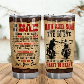 To My Dad Gift from Son - Dad and Son Not Always Eye to Eye But Always Heart to Heart My Dad My Hero 20oz Tumbler Mug - Motorcycle Father's Day Retro For Birthday Anniversary, Cool Dad Rider Motocross