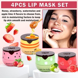 AOAZXBB 4 PCS Bee Lip Balm Honey Pot Honey Lip Balm,Honey Strawberry Watermelon Apple Lip Mask,Sleeping Lip Mask Reduces Lip Lines,Hydrating Exfoliating Lip Balm