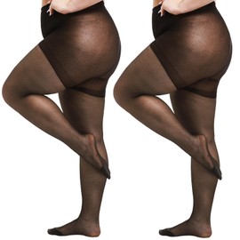 HONENNA 2 Pairs Plus Size Sheer Tights, 20D Ultra Thin High Waist Pantyhose for Women with Reinforced Toes, Black 2 Pairs 1XL-2XL