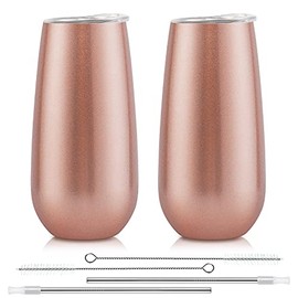 2 Pack Stemless Champagne Tumblers, 6 Oz Champagne Insulated Tumblers, Double Insulated Champagne Flute Tumbler, Unbreakable Champagne Glasses for Friends Birthday Christmas Wedding (Rose Gold)