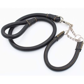 NOGA Leather Handmade Short Dog Leash and Collar Set P Chain Traffic Dog Leash Medium/Large Dogs (BLACK)