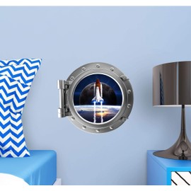 12" Port Scape 3D Instant Window View Space Shuttle #2 Silver Porthole Wall Decal Removable Wall Sticker NASA Spaceship Wall Art Boys Bedroom Man Cave Decor