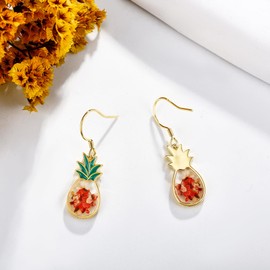 Pineapple Earrings Sterling Silver Pineapple Pressed Flower Dangle Earrings Summer Beach Fruit Jewellery Gifts for Women