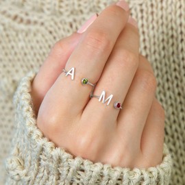 925 Sterling Silver Initial Letter Birthstone Rings for Women Adjustable 1-12 Month Birthstone Alphabet Stacking Ring Stackable Birthstone Rings Birthday Jewelry Gift for Daughter Mom (M, March-3)