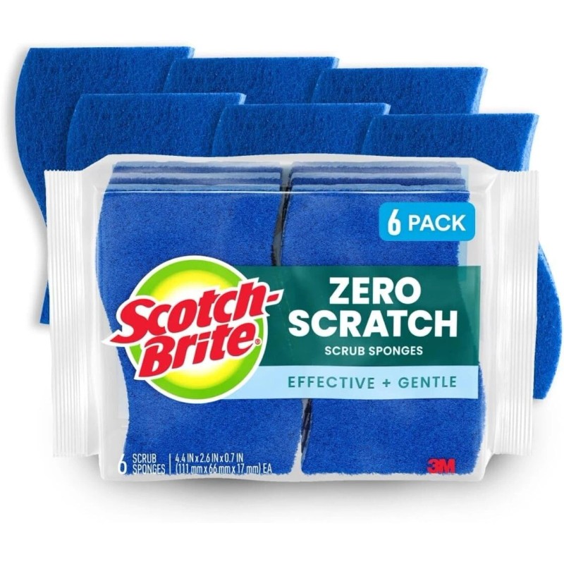 Scotch-Brite Zero Scratch Kitchen Scrub Sponges, 6-pack Dishes Bath Non-Scratch