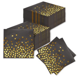 Black and Gold Cocktail Napkins, 6.5 x 6.5 Inch Disposable Beverage Napkins for Wedding, Birthday, Bar Party – 100 Pcs 2-Ply Premium Paper Napkins with Metallic Design