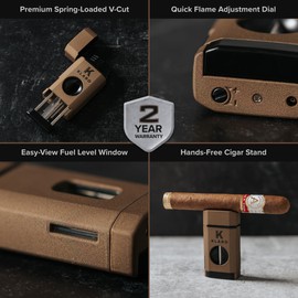 KLARO Triple Torch Lighter and V-Cut Cutter – Spring-Loaded V-Cut, with Cigar Rest Lid, Gift-Ready with Silicone Sleeve – Coyote Brown Powder-Coated Finish – Cigar Lighter for Men