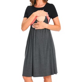 Bearsland Women’s Short Sleeve Nursing Dress Patchwork Breastfeeding Dress with Pocket, Orange, L