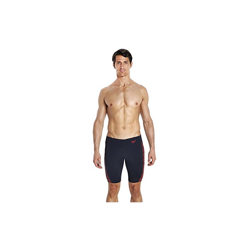 Speedo Mens Fit Monogram Black/Red Swim Trunks 30", Black -